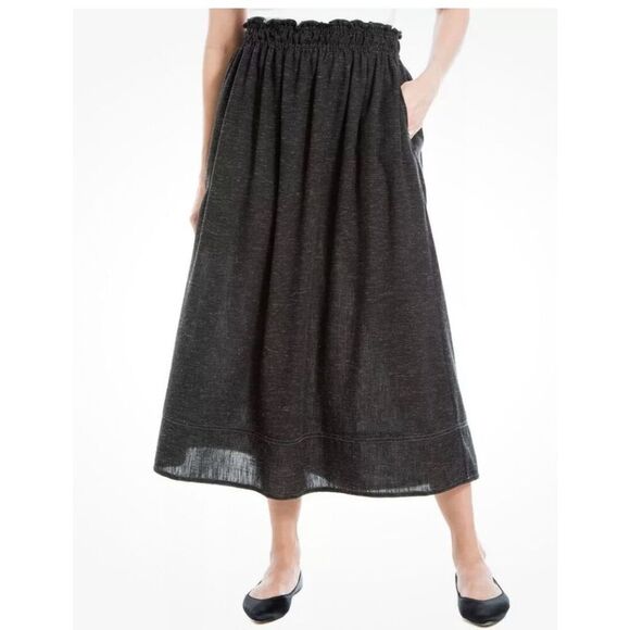 Max Studio Smocked Waist Linen-Blend Midi Skirt Women's Large Heathered Charcoal - Picture 1 of 10